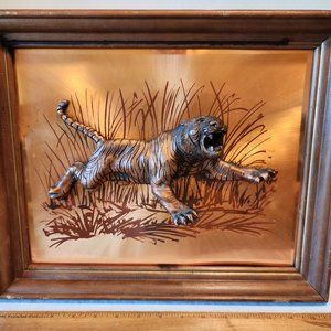 Vintage John Louw Tiger Leaping Copper Wall Art 3D Picture Framed Signed 70s